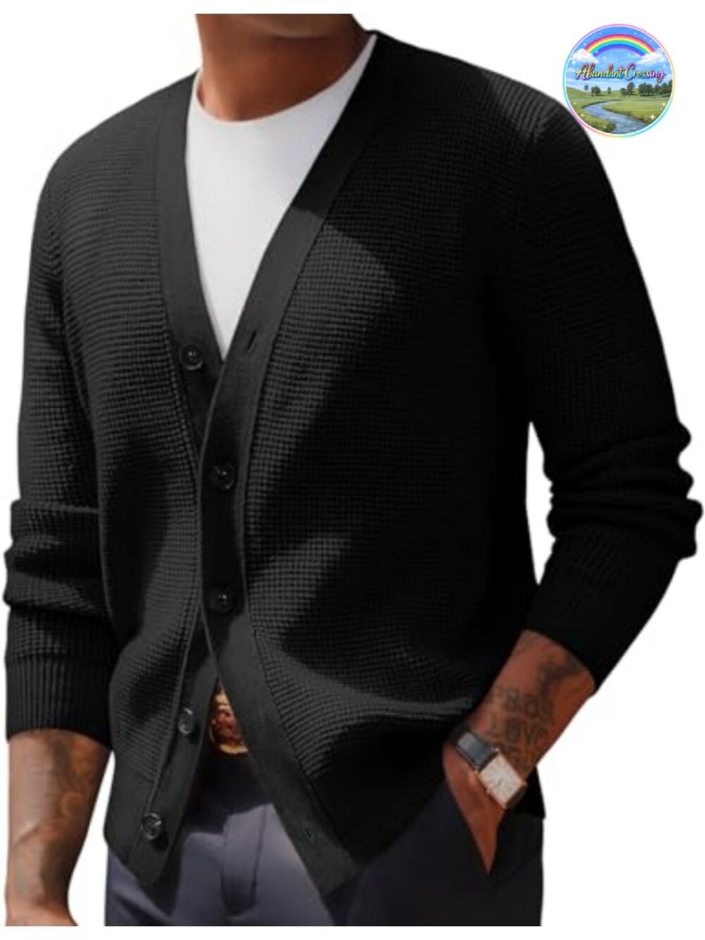 Men's Waffle Knit Cardigan Sweater Long Sleeve V-Neck Buttons